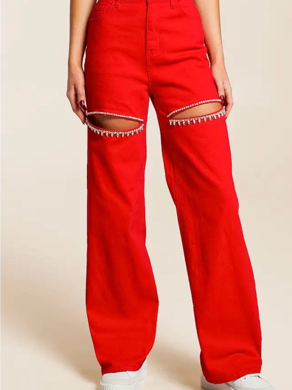 Red Rhinestone-Trim Wide Leg Jeans